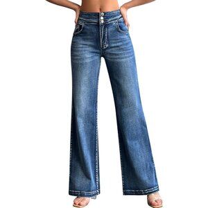 Women's Wide Leg Jeans High Waisted Stretch Baggy Denim Pants Casual